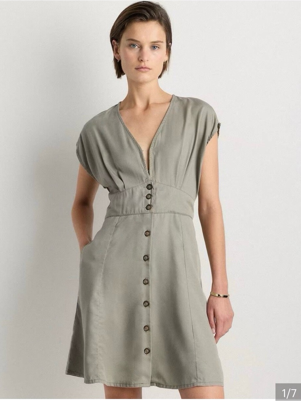 Quince Olive Green Short Sleeve Button-Front Mini Dress